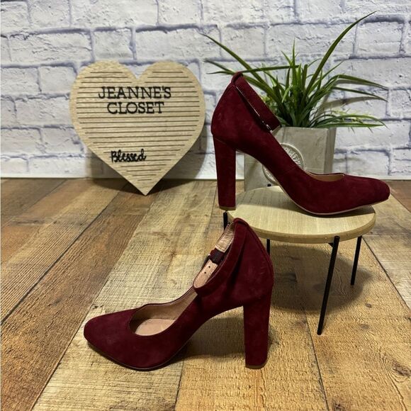 Madewell Sz 5 Cara Red Suede Block Heel Adjustable Stretch Buckle Ankle Strap - Picture 3 of 10